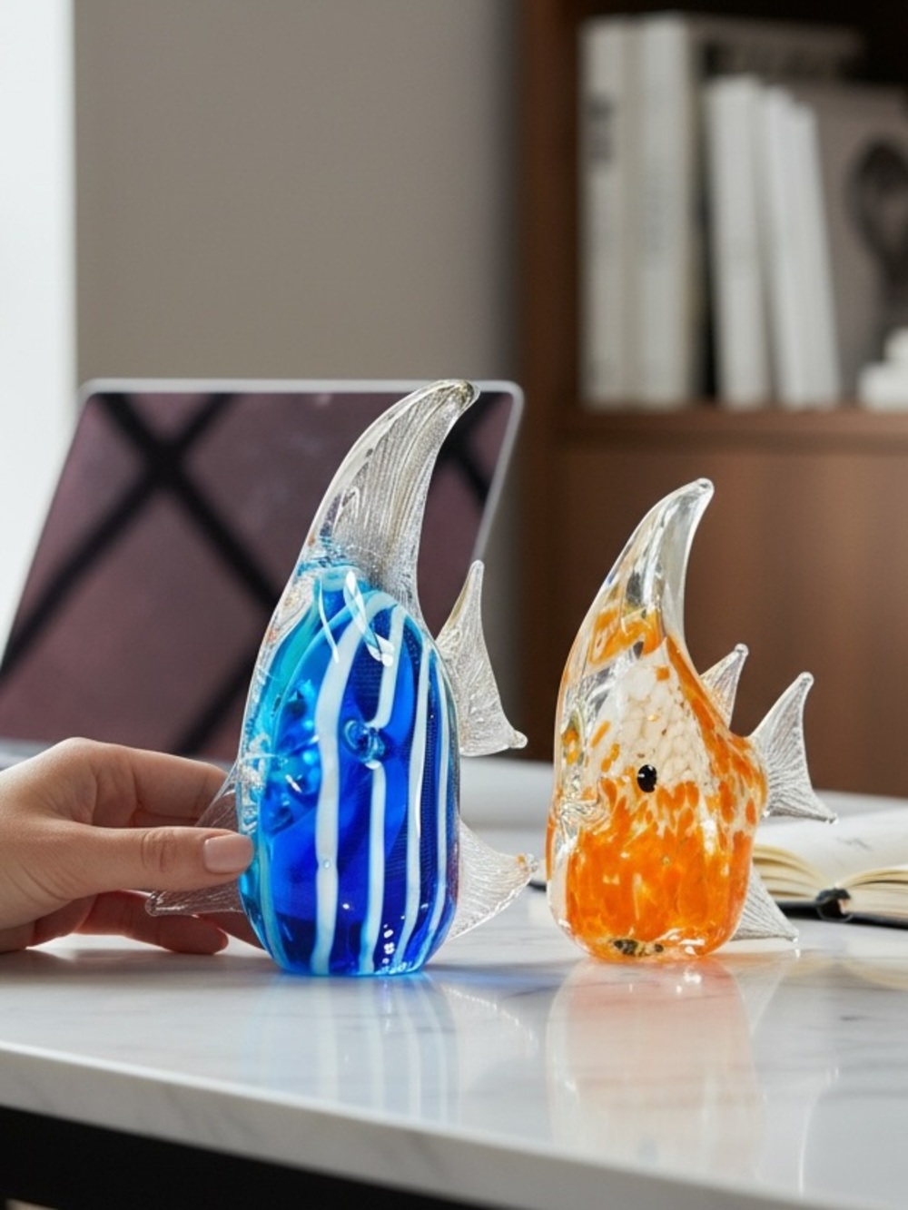 Pair of Two (2) Handblown Art Glass Angelfish Blue & Orange Chic Coastal Decor